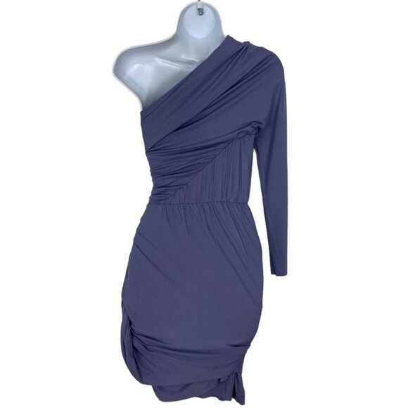 Intermix Carven Dress 36 Blue One Shoulder Mini Bodycon Tiered Ruched Party - Picture 2 of 12